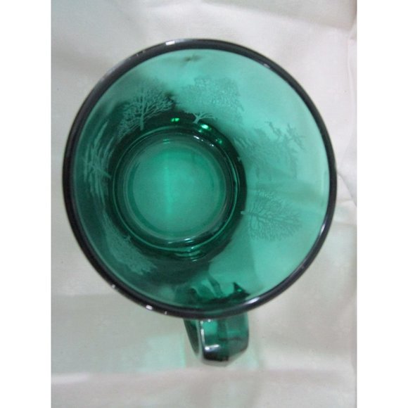 Vintage Emerald Green Glass Mug Etched Trees USA Made EUC - Picture 13 of 16